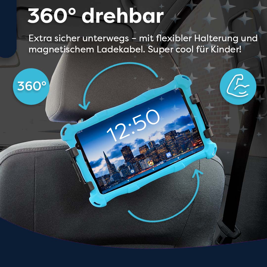 AngelTech Unterwegs-Paket XL PRO II – Kindertablet + Tablethalterung fürs Auto