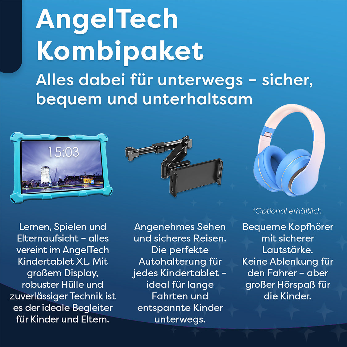 AngelTech Unterwegs-Paket XL – Kindertablet + Tablethalterung fürs Auto