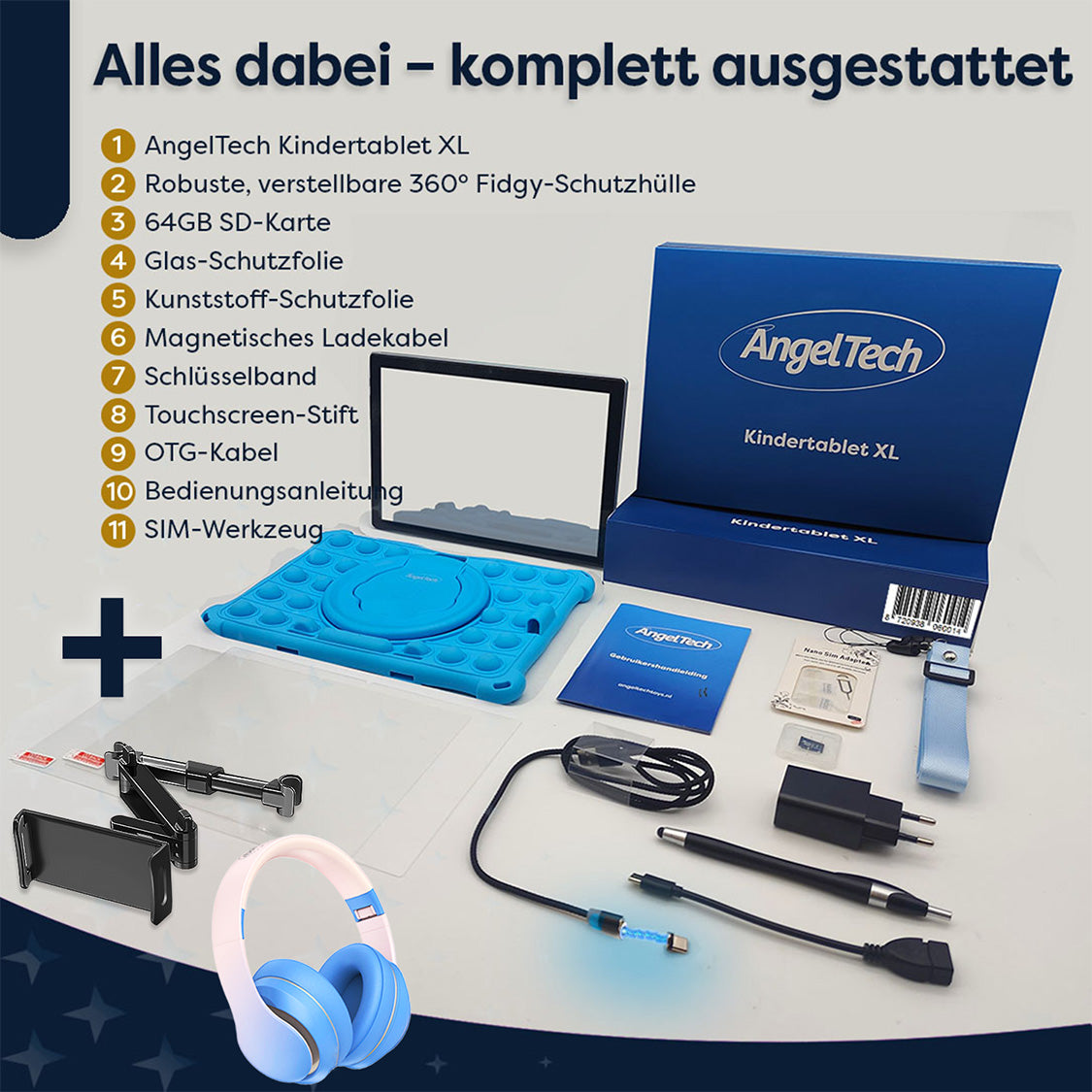 AngelTech Unterwegs-Paket XL – Kindertablet + Tablethalterung fürs Auto