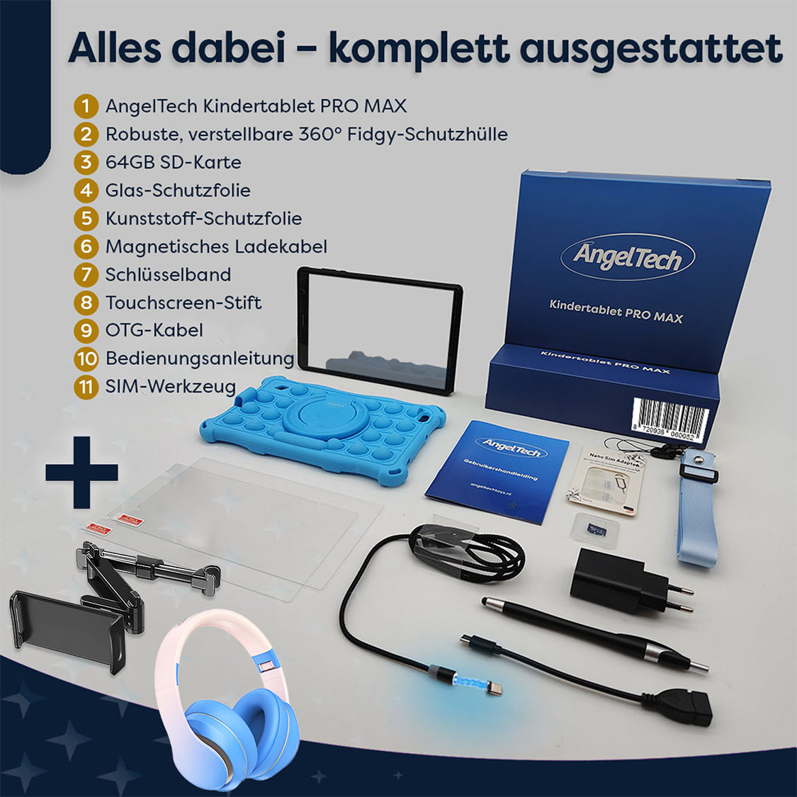 AngelTech Unterwegs-Paket PRO MAX – Kindertablet + Tablethalterung fürs Auto