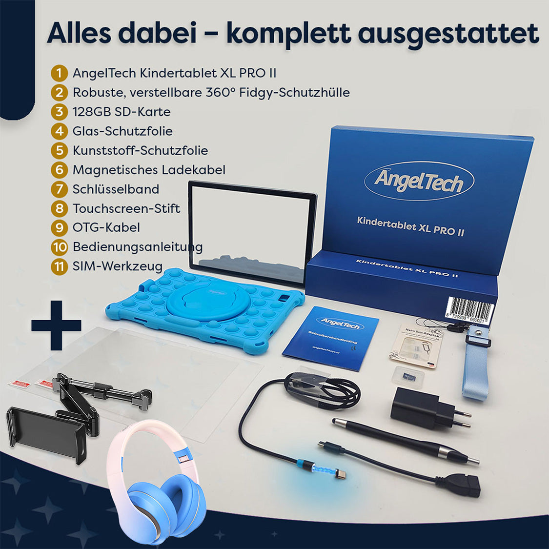 AngelTech Unterwegs-Paket XL PRO II – Kindertablet + Tablethalterung fürs Auto