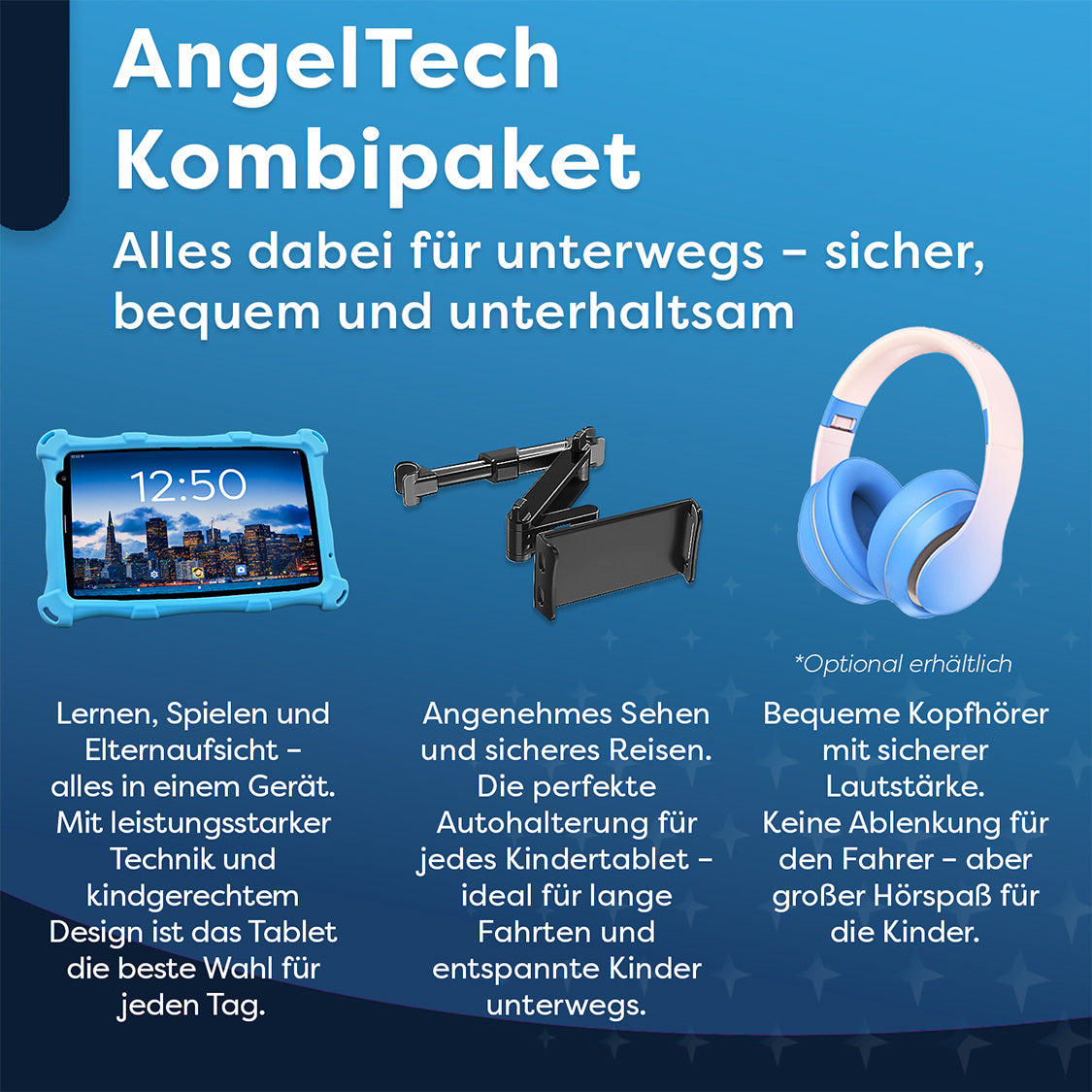 AngelTech Unterwegs-Paket PRO MAX – Kindertablet + Tablethalterung fürs Auto