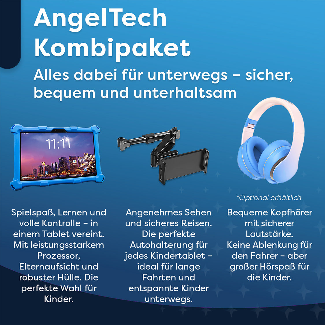 AngelTech Unterwegs-Paket XL PRO II – Kindertablet + Tablethalterung fürs Auto