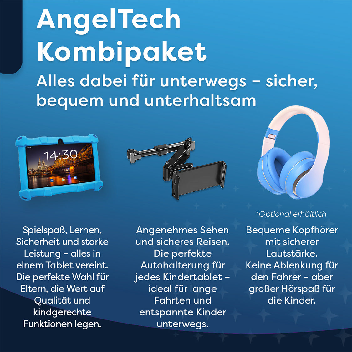AngelTech Unterwegs-Paket SLIM – Kindertablet + Tablethalterung fürs Auto