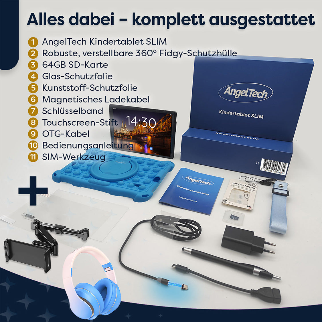 AngelTech Unterwegs-Paket SLIM – Kindertablet + Tablethalterung fürs Auto