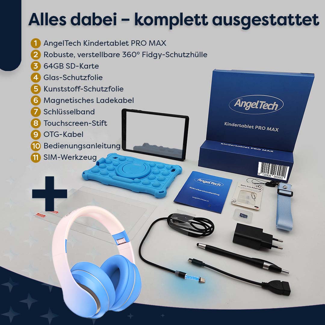 AngelTech Kinderpaket PRO MAX – Kindertablet + Kinderkopfhörer