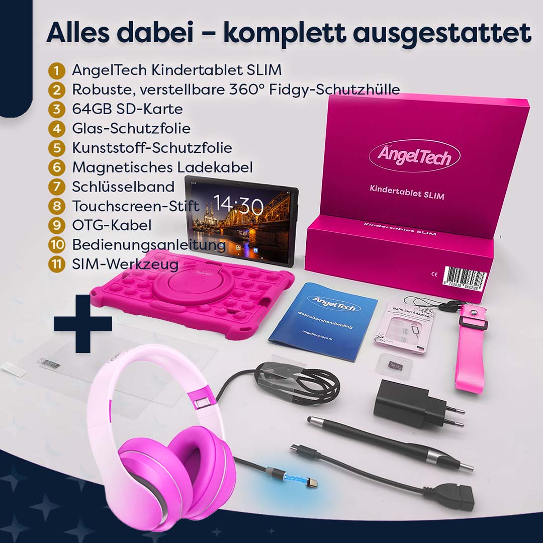 AngelTech Kinderpaket SLIM – Kindertablet + Kinderkopfhörer