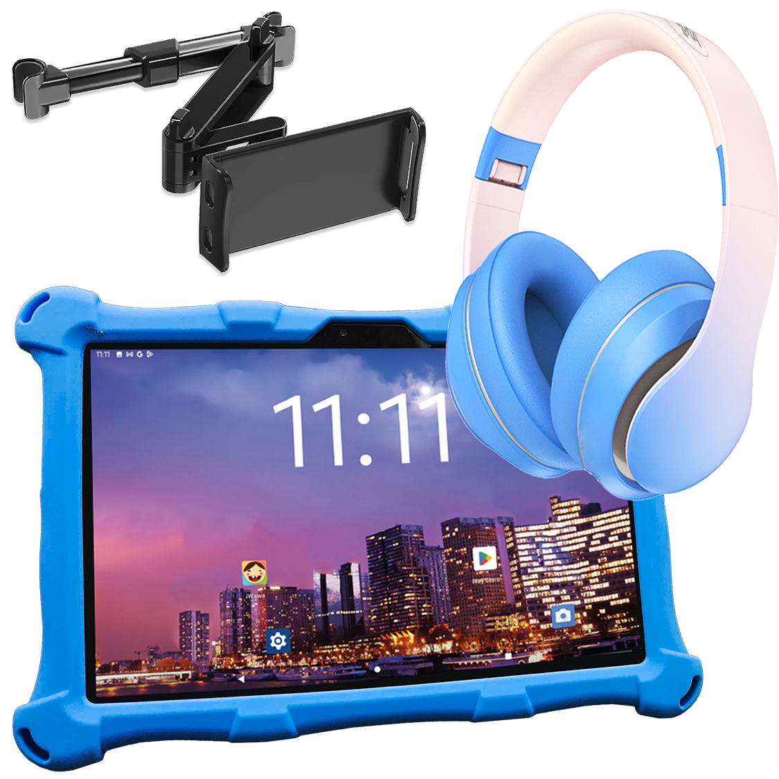 AngelTech Unterwegs-Paket XL PRO II – Kindertablet + Tablethalterung fürs Auto