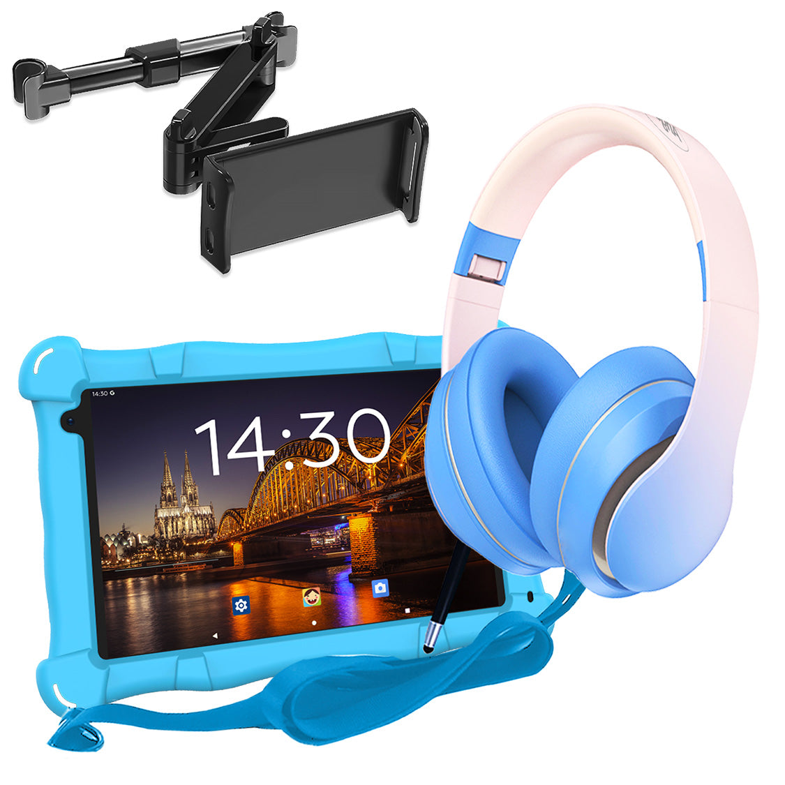 AngelTech Unterwegs-Paket SLIM – Kindertablet + Tablethalterung fürs Auto