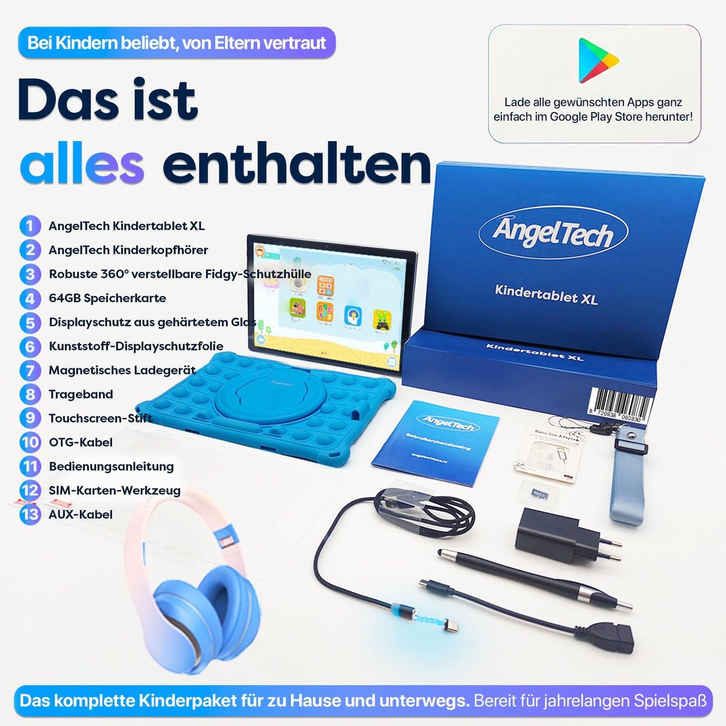 AngelTech Kinderpaket XL – Kindertablet + Kinderkopfhörer