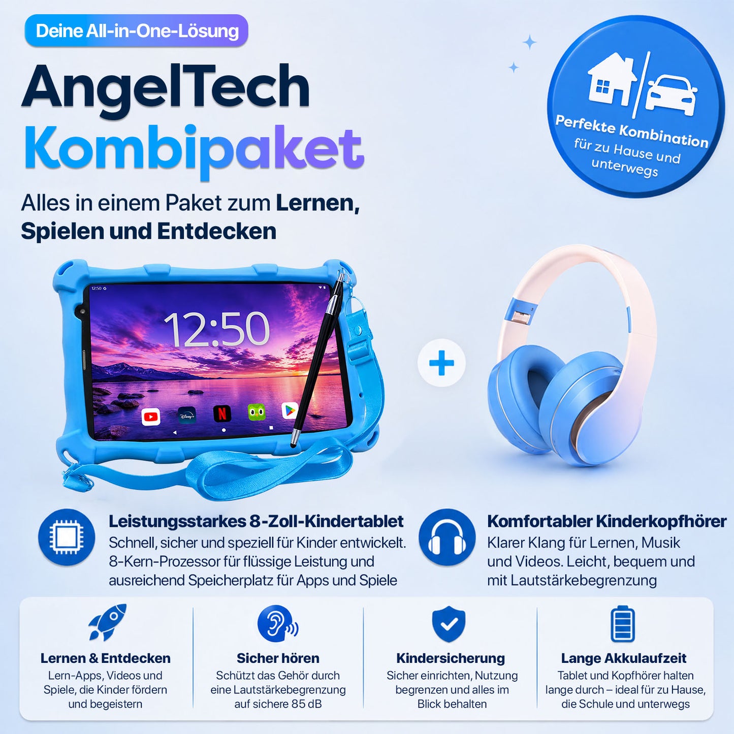 AngelTech Kinderpaket PRO MAX – Kindertablet + Kinderkopfhörer