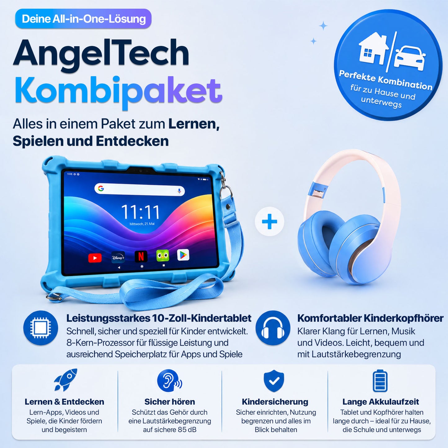AngelTech Kinderpaket PRO II – Kindertablet + Kinderkopfhörer