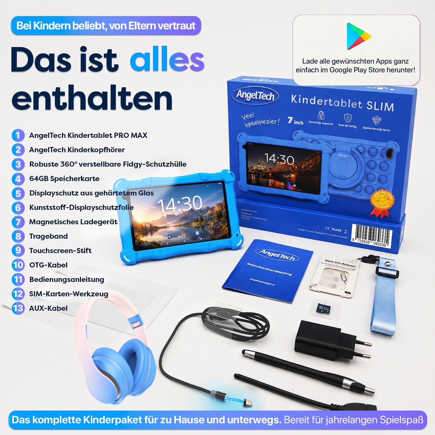 AngelTech Kinderpaket SLIM – Kindertablet + Kinderkopfhörer