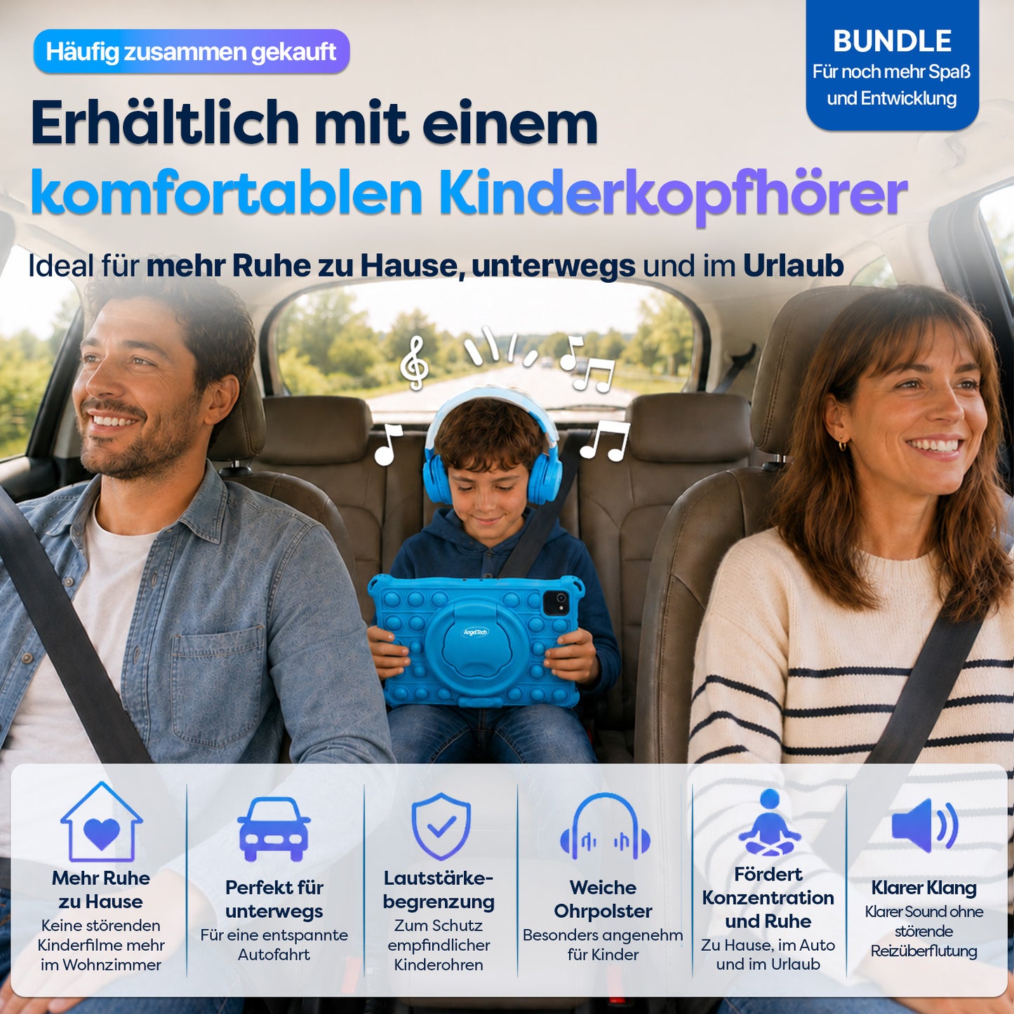 AngelTech Unterwegs-Paket XL – Kindertablet + Tablethalterung fürs Auto