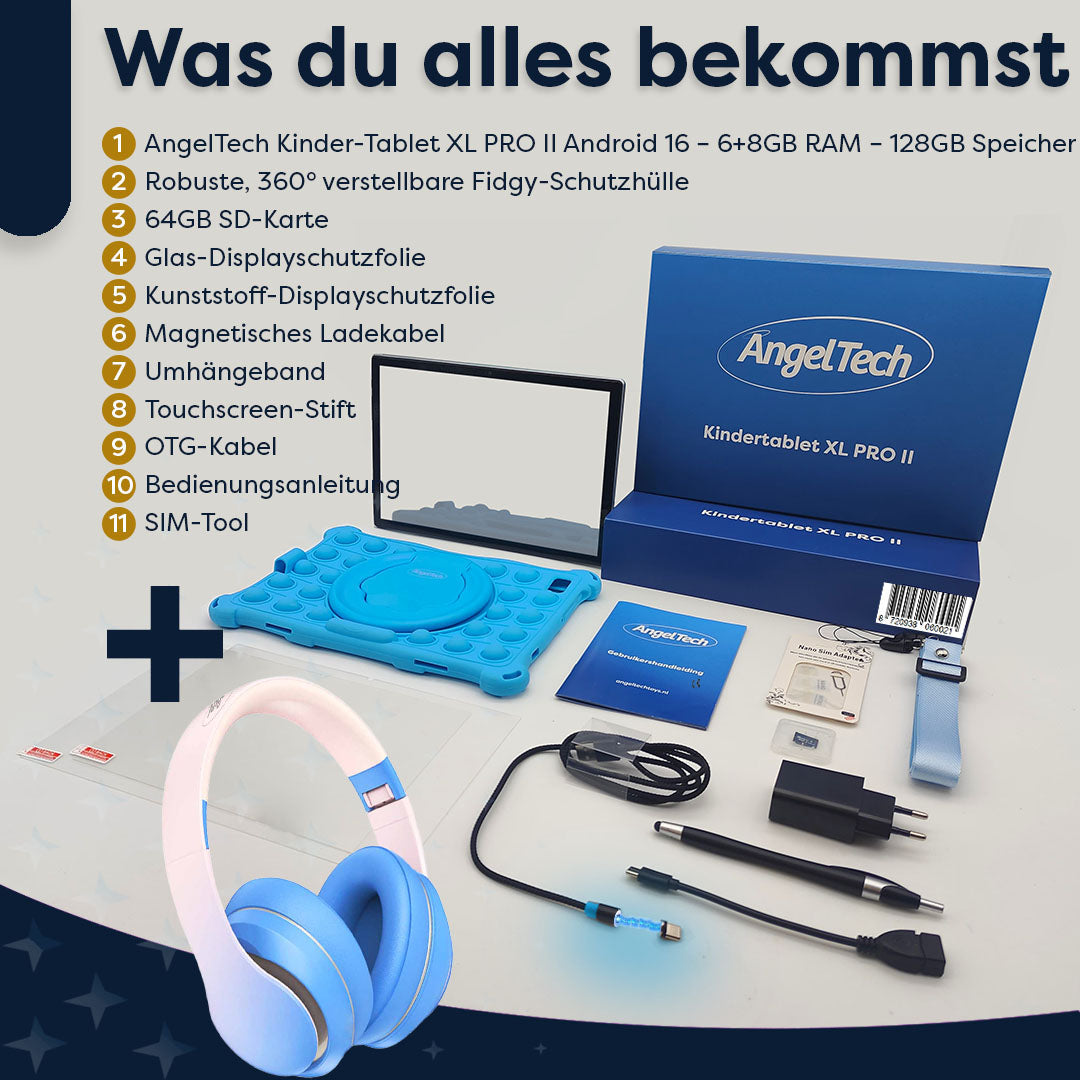 AngelTech Unterwegs-Paket XL PRO II – Kindertablet + Tablethalterung fürs Auto